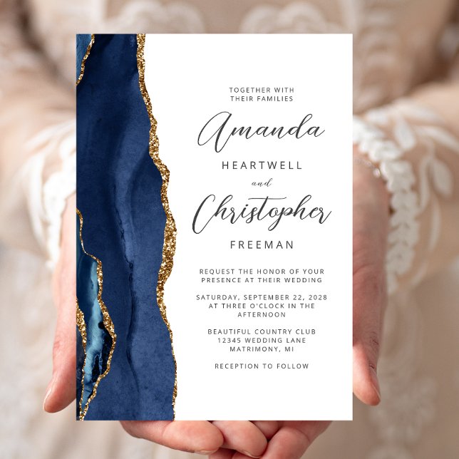 Convites Casamento Escrito em Ágata Azul Naval Dourado (Criador carregado)