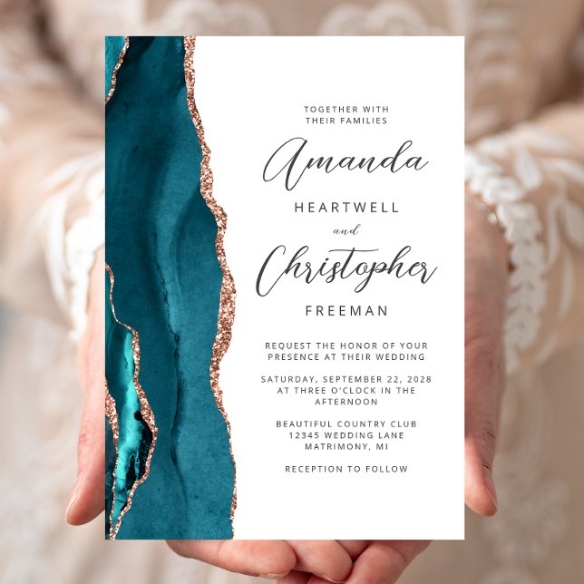 Convites Casamento Escrito em Ágata Teal Dourado Rosa (Criador carregado)