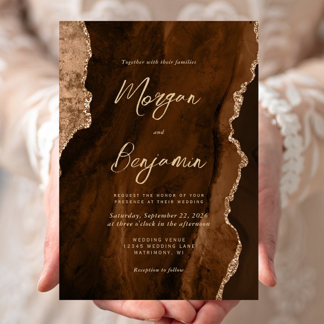 Convites Casamento Escrito em Ouro com Ágata Marrom Mocha e (Criador carregado)