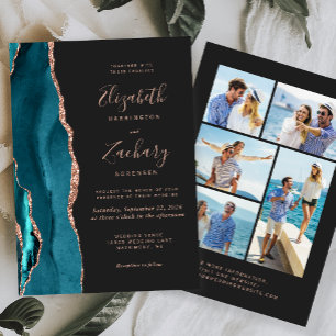 Convites Casamento Escuro 5-Foto Azul Teal Dourado Rosa Ága