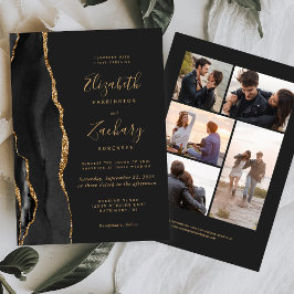 Convites Casamento Escuro 5-Fotos Ágata Dourada Preta