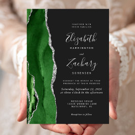 Convites Casamento Escuro Caçador Moderno Verde Prata Ágata