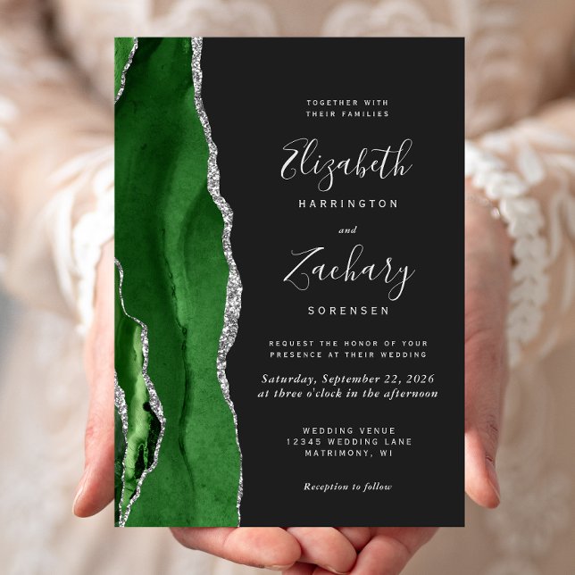 Convites Casamento Escuro Caçador Moderno Verde Prata Ágata (Criador carregado)