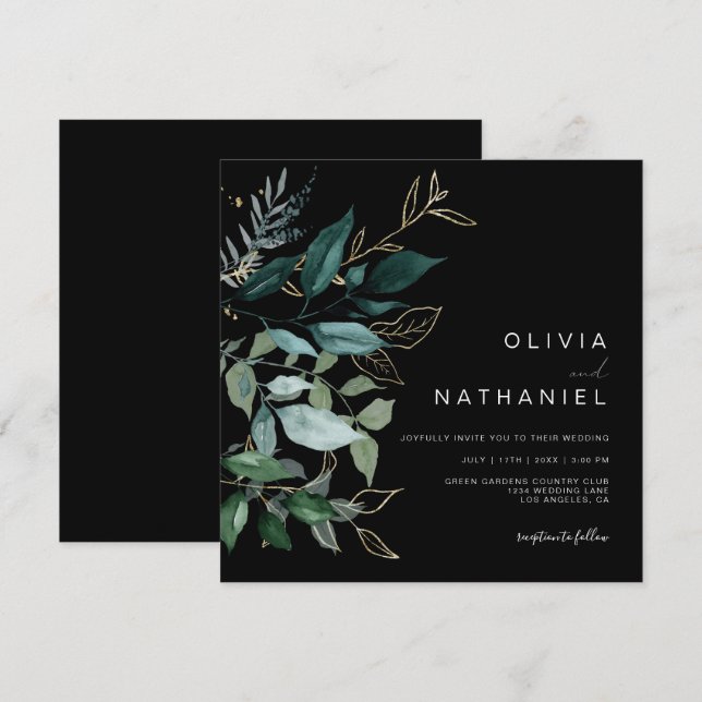 Convites Casamento Escuro de Foliage Foliage Dourado Emeral (Frente/Verso)
