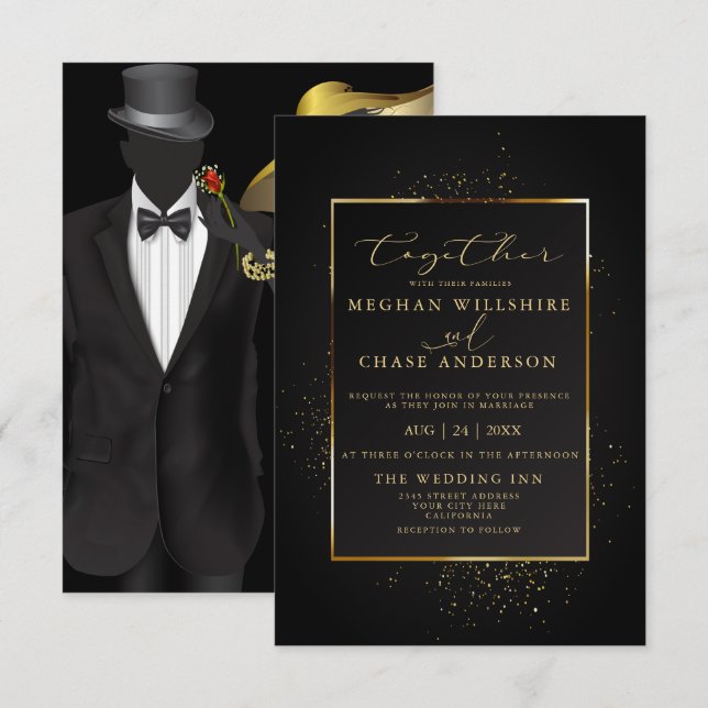 Convites CASAMENTO | Escuro Elegante e brilho Dourado (Frente/Verso)