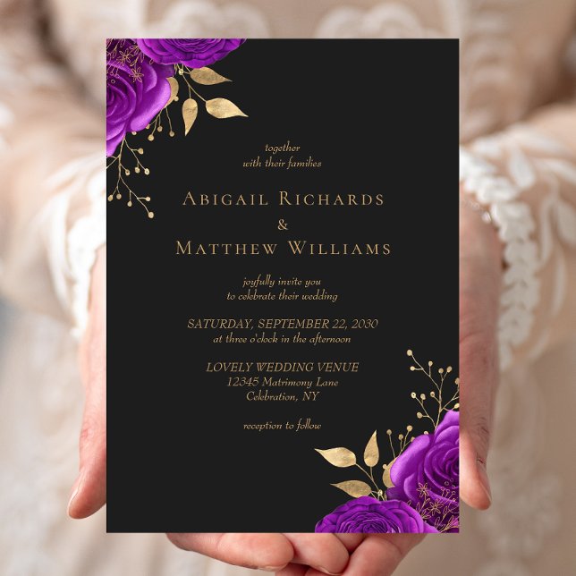Convites Casamento Escuro Floral Roxo Dourado Romântico (Criador carregado)