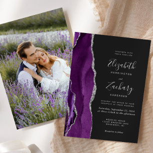 Convites Casamento Escuro Foto Ágata Prata Roxo Moderno