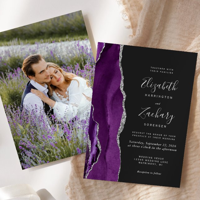 Convites Casamento Escuro Foto Ágata Prata Roxo Moderno (Criador carregado)