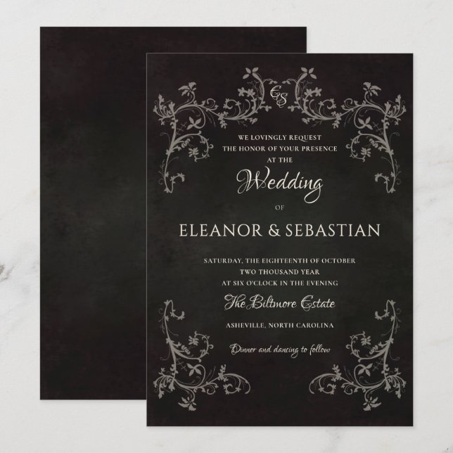 Convites Casamento Escuro Gótico Vitoriano com Renda Botâni (Frente/Verso)