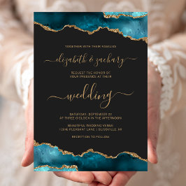 Convites Casamento Escuro Moderno com Ágata Teal Dourada