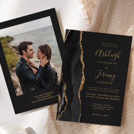 Convites Casamento Escuro Moderno com Foto de Ágata Dourada