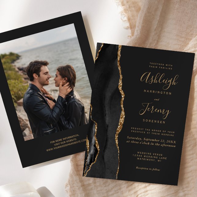 Convites Casamento Escuro Moderno com Foto de Ágata Dourada (Criador carregado)
