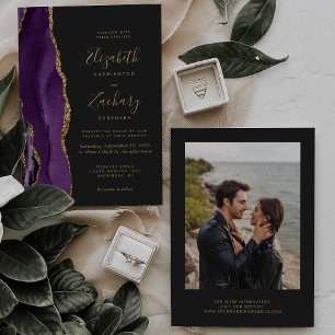 Convites Casamento Escuro Moderno com Foto de Ágata Dourada