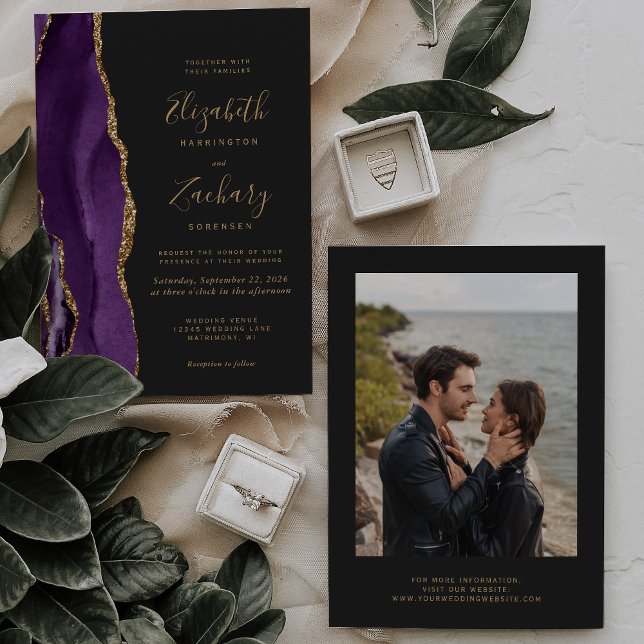 Convites Casamento Escuro Moderno com Foto de Ágata Dourada (Criador carregado)