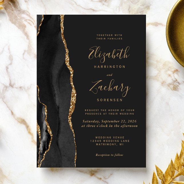 Convites Casamento Escuro Moderno em Ágata Dourada Preta (The perfect choice for a black and gold themed wedding.)
