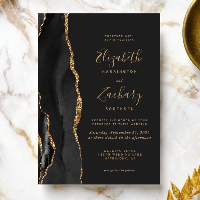 Convites Casamento Escuro Moderno em Ágata Dourada Preta (The perfect choice for a black and gold themed wedding.)
