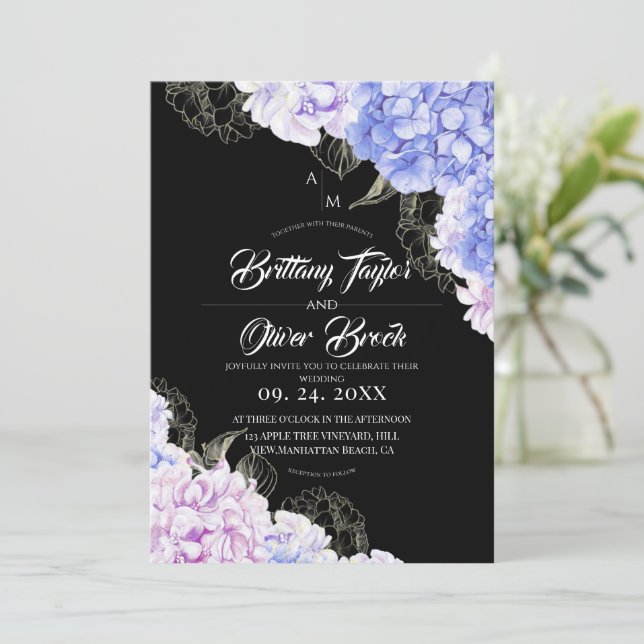 Convites Casamento Escuro Rosa Rústico & Azul Hortênsia (Em pé/Frente)