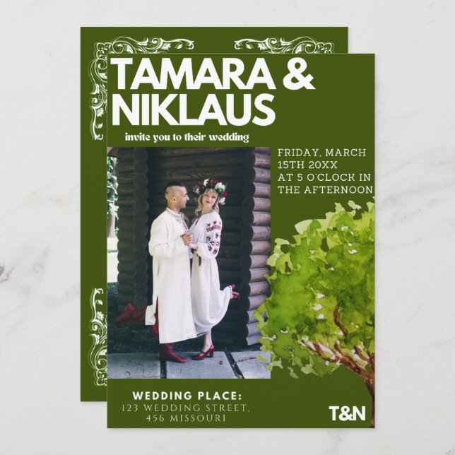 Convites Casamento Eslavo Verde da Floresta Negra Elegante (Frente/Verso)