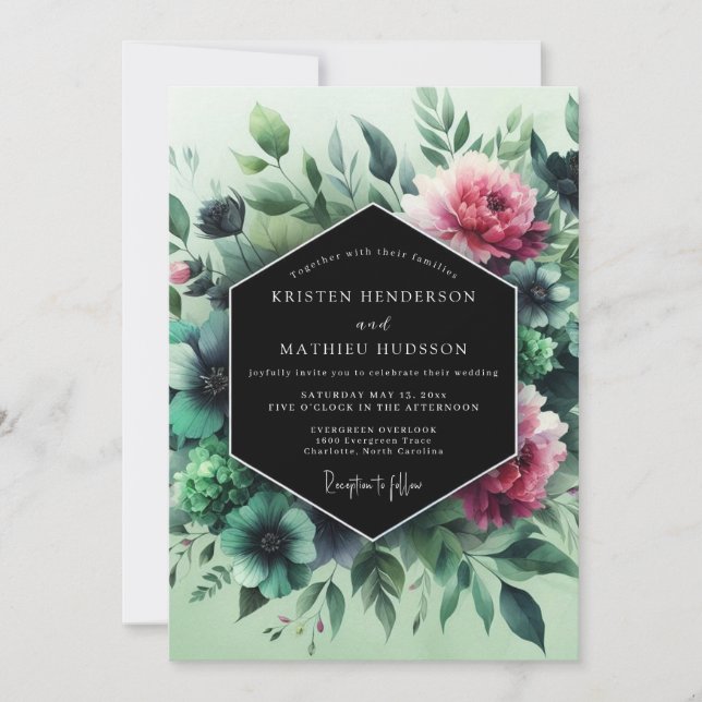 Convites Casamento Esmeralda Fúcsia Vesper (Frente)