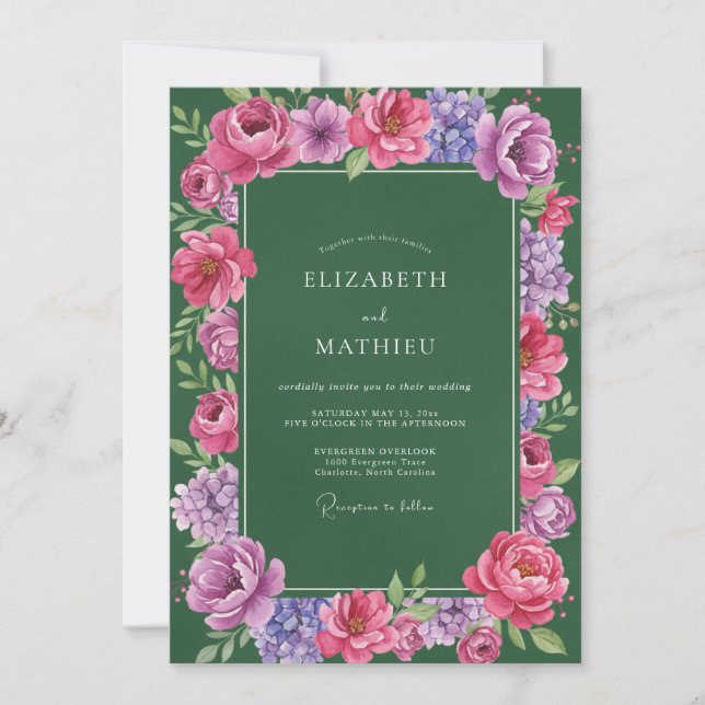 Convites Casamento Esmeralda Ranunculus Eucalipto Magenta (Frente)