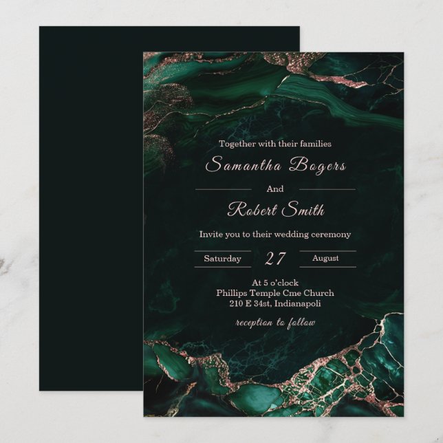 Convites Casamento Esmeralda Verde e Dourado Rosa (Frente/Verso)