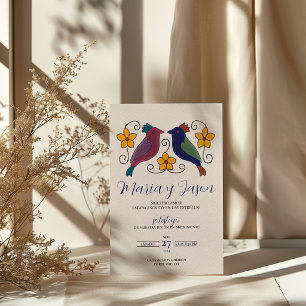 Convites Casamento Espanhol Azul Naval Magenta Floral Aves