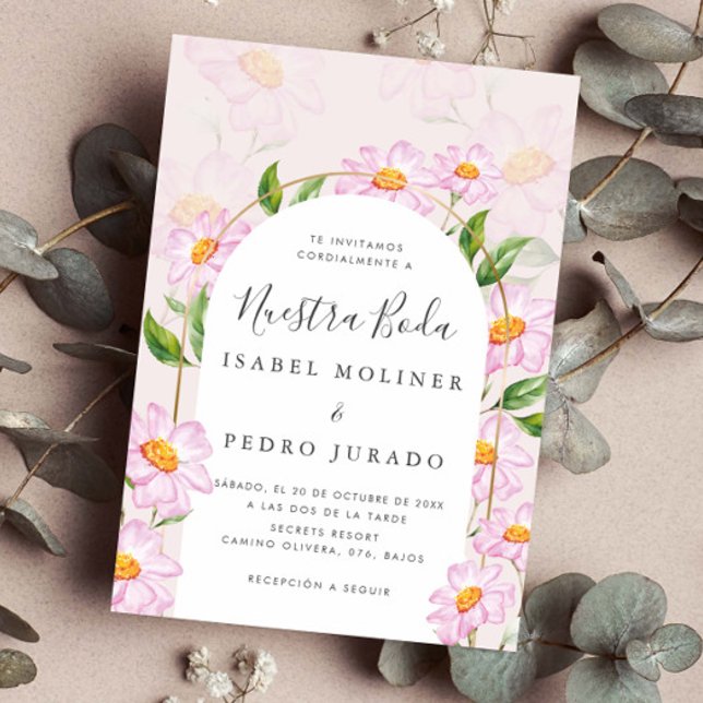Convites Casamento Espanhol Beige Pink Botanical Nuestra Bo (Criador carregado)