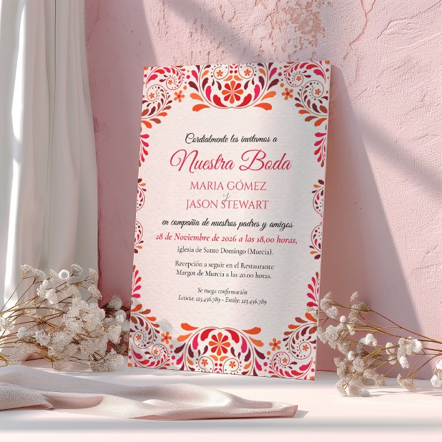 Convites Casamento Espanhol Botânico Floral Romântico Rosa  (Red Pink Floral Botanical Romantic Spanish Wedding Invitation)