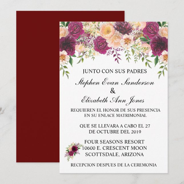 Convites Casamento Espanhol Burgundy Rosa Blush Floral (Frente/Verso)