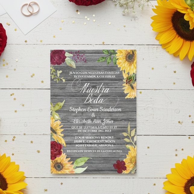 Convites Casamento Espanhol Burgundy Sunflower Boda (Criador carregado)