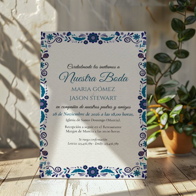 Convites Casamento Espanhol Clássico Elegante com Floral Az (Navy White Floral Elegant Classic Spanish Wedding Invitation)