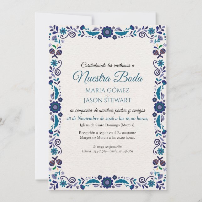 Convites Casamento Espanhol Clássico Elegante com Floral Az (Frente)