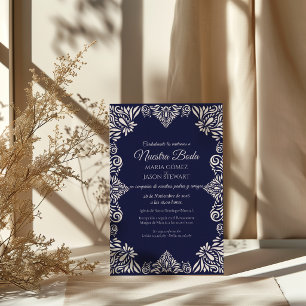 Convites Casamento Espanhol Clássico Elegante Floral Azul M