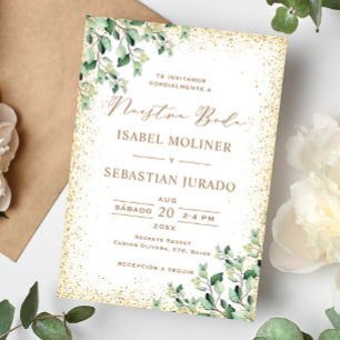 Convites Casamento Espanhol com o Frame Dourado Greenery Nu