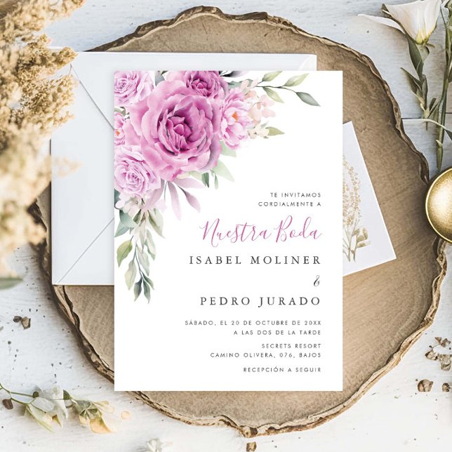 Convites Casamento Espanhol de Nuestra Buquê de Flor Roxo (Criador carregado)