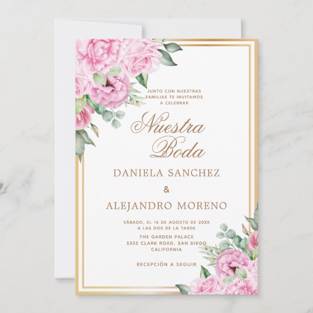 Convites Casamento Espanhol de Nuestra Floral Dourada Rosa  (Frente)