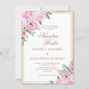 Convites Casamento Espanhol de Nuestra Floral Dourada Rosa