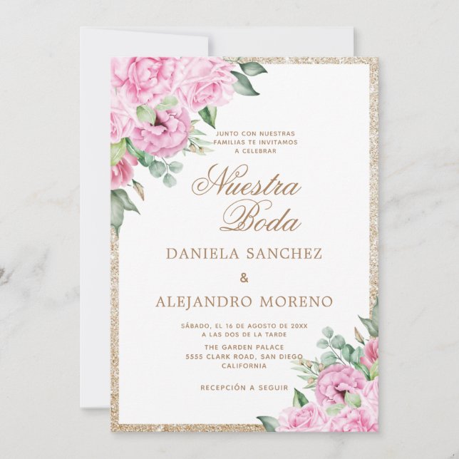 Convites Casamento Espanhol de Nuestra Floral Rosa Nuestra  (Frente)