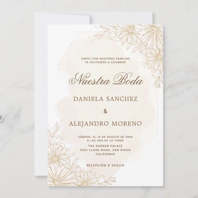 Convites Casamento espanhol Elegante Dourada Nuestra Floral (Frente)