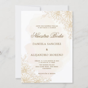 Convites Casamento espanhol Elegante Dourada Nuestra Floral