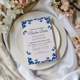 Convites Casamento Espanhol Elegante Fiesta Floral Azul