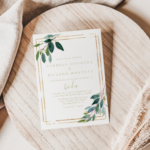 Convites Casamento Espanhol Eucalyptus Geométrico Dourado