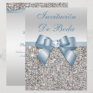 Convites Casamento Espanhol Faux Prata Lantejoulas Azul Poe