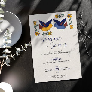 Convites Casamento Espanhol Floral Azul Amarelo Encantador 