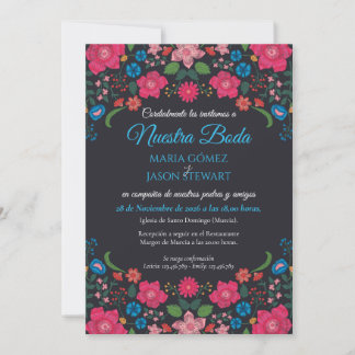 Convites Casamento Espanhol Floral Azul Marinho Elegante Bo