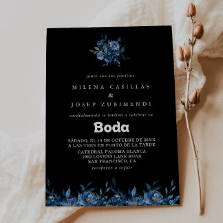 Convites Casamento Espanhol Floral Azul Marinho Real