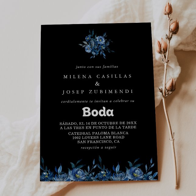 Convites Casamento Espanhol Floral Azul Marinho Real (Criador carregado)