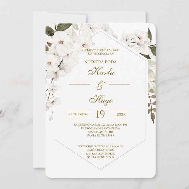 Convites Casamento Espanhol Floral Boho Branco (Frente)