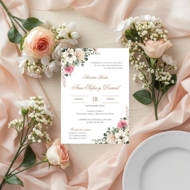 Convites Casamento espanhol floral branco e rosa (Criador carregado)