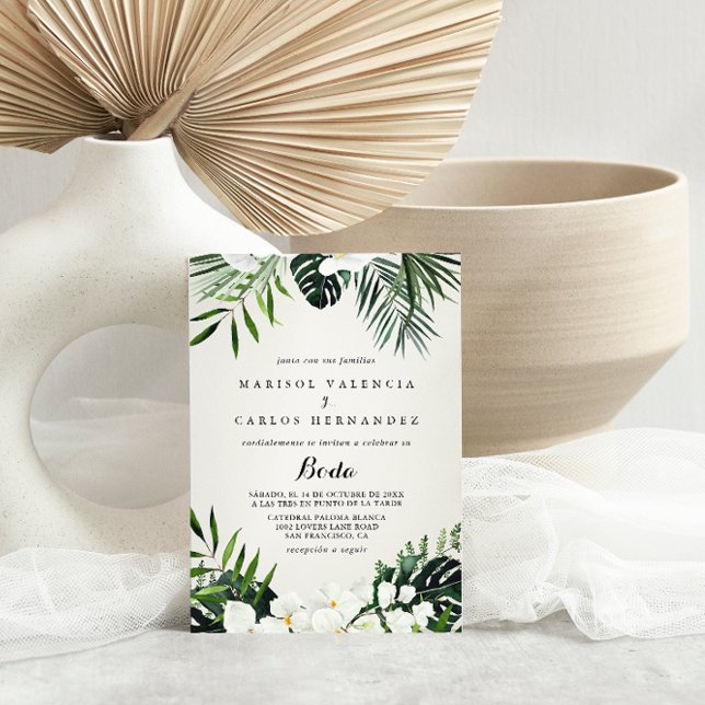 Convites Casamento Espanhol Floral Branco Tropical Greenery (Criador carregado)